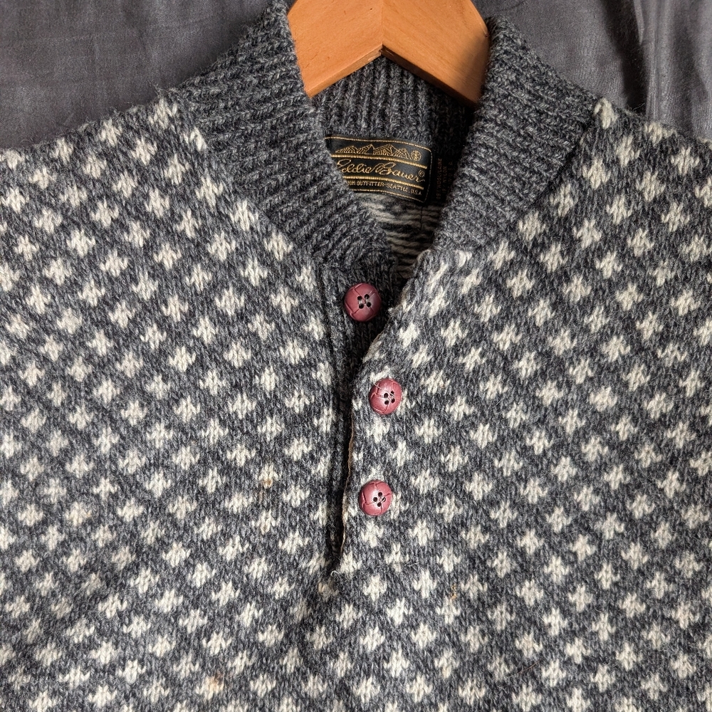 📼🐑Vintage Eddie Bauer Birds Eye Knit  Crewneck Henley Sweater - Medium - Picture 10 of 12